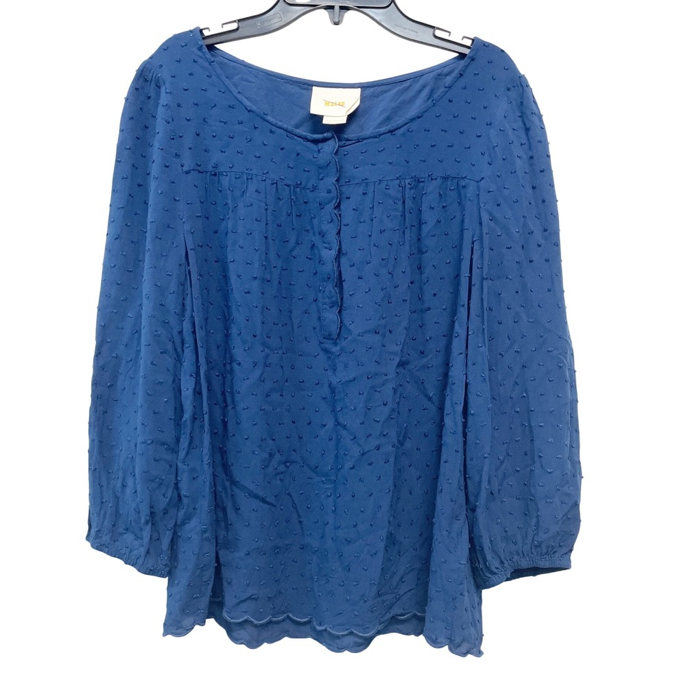 Maeve Women's Blue Swiss Dot Scalloped Hem Button Neck Blouse Size 10